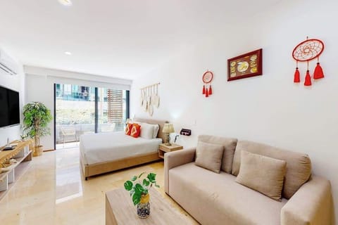 Living room with comfortable sofa and smart TV