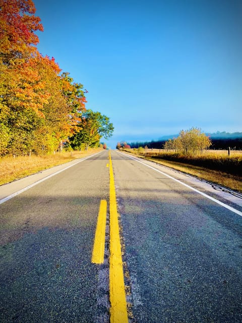 Scenic country road framed by vibrant fall colors and open skies