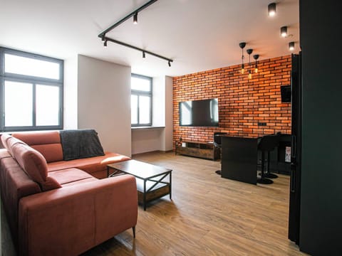 A living area with a red sofa, a coffee table, and a TV setup against a brick accent wall. The open-plan design connects seamlessly with the kitchenette, creating a stylish and inviting common space.