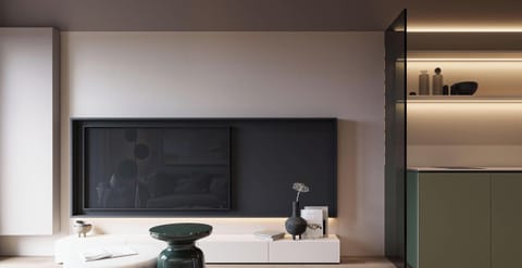 Modern studio with TV area and natural light