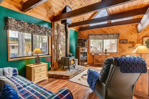 Living room with stone wood stove