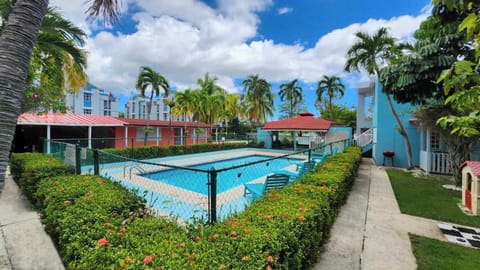 Sparkling pool lined with manicured hedges on a bright sunny day
