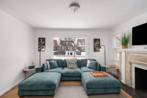 Bright living room with cozy sectional and natural light