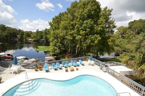 Drone view of pool area overlooking the river.