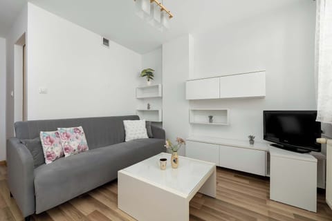 This living room features a grey sofa accented with floral pillows and a white minimalist coffee table. The wall-mounted white cabinetry and a small television create a functional and clean entertainment area.