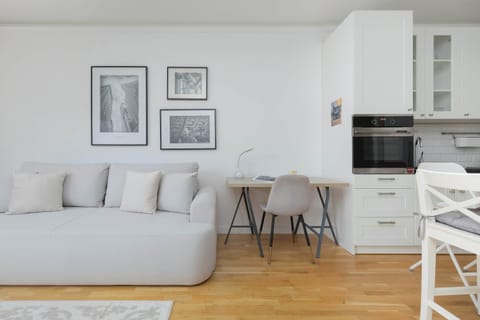 A multifunctional studio layout with a sofa, dining table, desk for work and kitchenette all in one space. Bright walls and natural light make the interior feel larger.