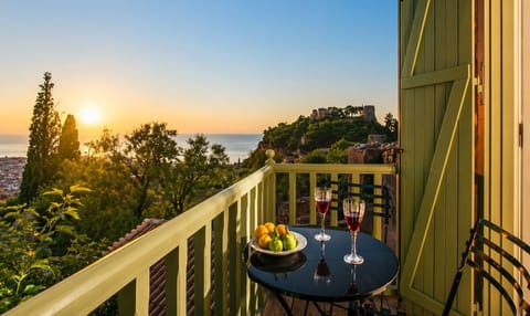 Romantic sunset balcony with panoramic countryside views