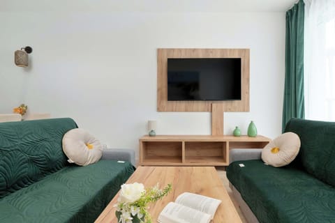 This living area contains two small green couches, a wooden coffee table, a TV unit with a wall-mounted TV, and a white lamp, set against a window with white and green curtains.