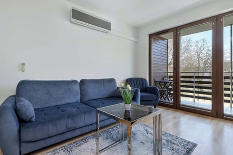 A bright living room features a navy blue sofa and a glass-topped coffee table set on a patterned rug. Large glass doors framed in wood lead out to a balcony, letting in plenty of natural light.