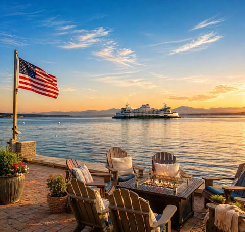 Waterfront Fire Pit Lounge with Sunset Views & Ferry Backdrop