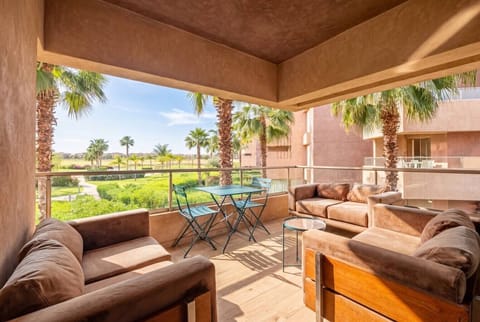 Sunny balcony with a relaxing view.