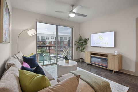 Cozy up by the fireplace and enjoy movie nights on the large smart TV