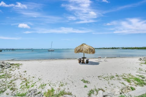 Sandy beach with lounge chairs and shade
