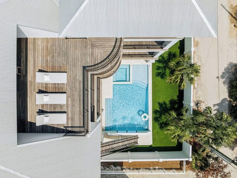 Aerial view showcasing the property's stunning pool and lush tropical landscaping with palm trees and manicured lawn areas.