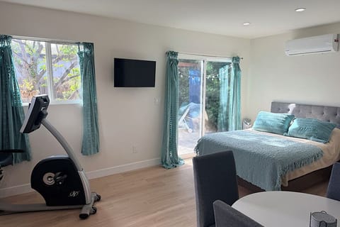 Bedroom, exercise area, view of backyard through sliders, TV and dining area