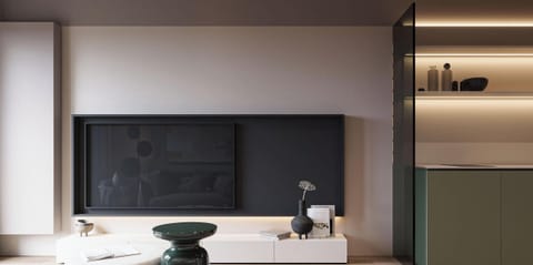 Modern studio with TV area and natural light