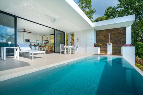 One of the two private swimming pools. This is western facing and has a large deck, outdoor shower and plenty of outdoor seating. 