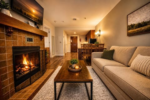 Relax and warm up by the gas fireplace while streaming on your favorite apps