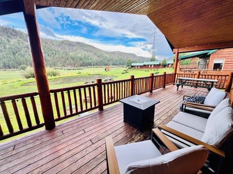 Covered mountain-view porch with cozy seating and serene meadow views