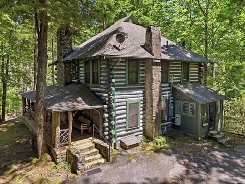 Main House Exterior | Log Cabin Construction | Forest Setting & Stone Chimneys
