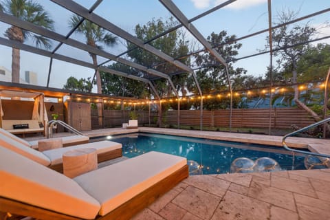 Outdoor pool with evening ambiance