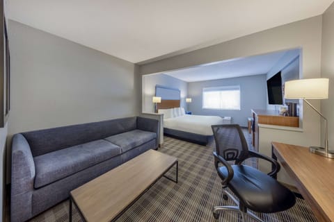 Suite, 1 King Bed, Non Smoking | Desk, laptop workspace, blackout drapes, iron/ironing board
