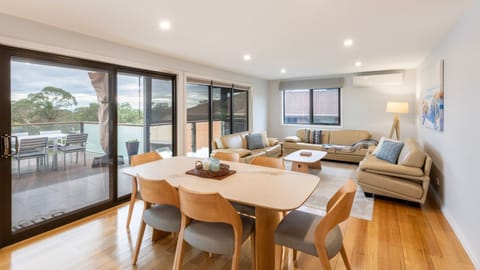 Bright open-plan living and dining with modern coastal styling