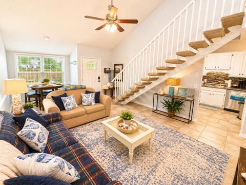 Living room with vaulted ceilings