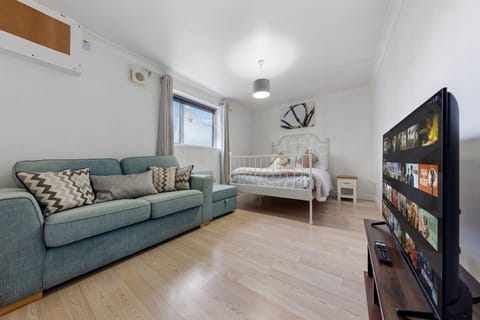 tudio-style room with a sofa, double bed, bedside table, and TV on a stand.