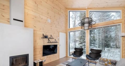 Relax by the warmth of the modern fireplace after a day on the slopes, with large windows offering a peaceful view of the surrounding Syöte forest.