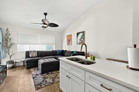 Kitchen and Dining Area with Ceiling Fan