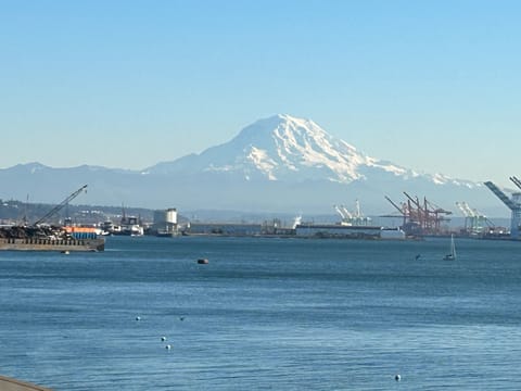 This is the view that sells the house, and autumn is when you actually get it — the summer haze lifts and Rainier turns pink over the water. Taken from the property at sunrise.