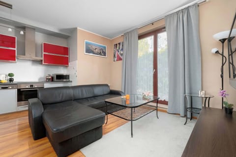 Bright living room with a black sofa, glass coffee table, and modern red kitchen cabinets.