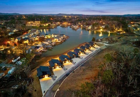 A sweeping aerial shot captures the neighborhood at night, highlighting the lake, surrounding hills, and peaceful atmosphere.