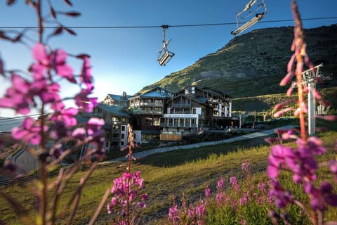 Pink fireweed in full bloom frames the village in summer — the ski lifts a reminder that the slopes are just minutes away.