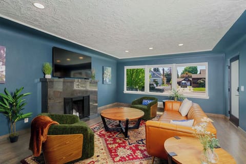 View of living room with smart tv. 