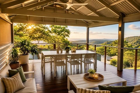 Relax on the covered deck with peaceful mountain surrounds. BBQ and heater on deck
