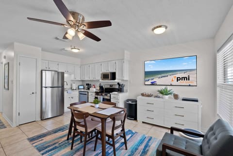 Bright updated living area with open kitchen and dining space