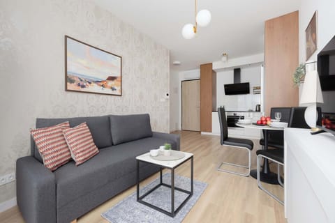 A cozy living room features a gray sofa adorned with striped red and white pillows and a minimalist black coffee table. In the background, a glimpse of the integrated kitchen and dining area creates a functional, open-concept feel.