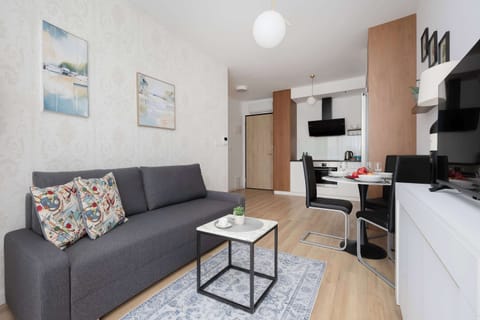 A bright living room with a gray sofa, coffee table, and modern kitchenette. Light wooden flooring and soft colors create a cozy atmosphere.