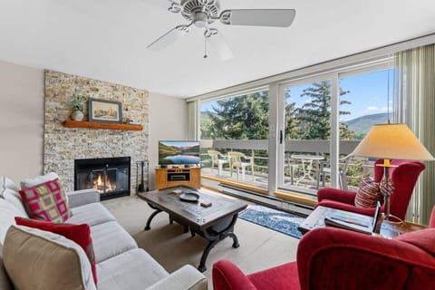 Sun drenched living room with smart TV and fireplace