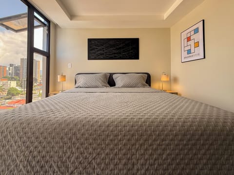 King size bed with view.