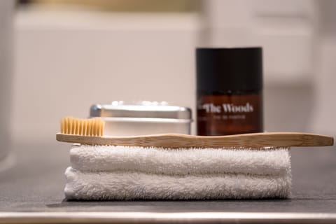 Shower, designer toiletries, hair dryer, towels