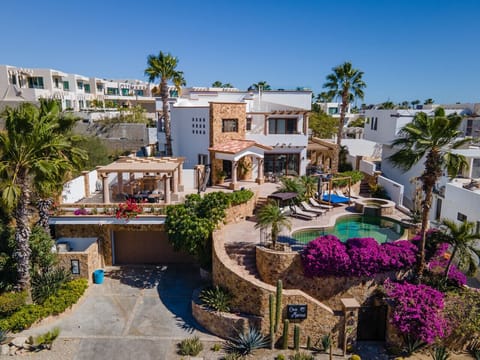 Aerial view of our stunning house with pool and lush gardens.