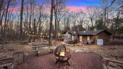 Cozy Woodland Cabin Exterior with Fire Pit at Sunset