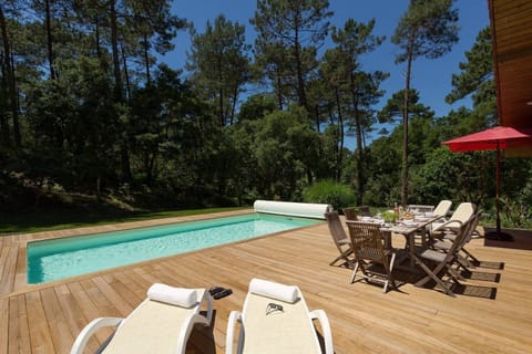 Sunlit wooden deck with sun loungers, dining table, and a private pool — tall Landes pines framing the garden on all sides.