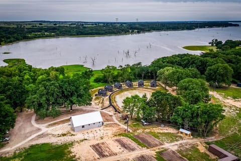 Aerial view of the property and the lake.