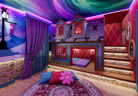 Welcome to a whimsical wonderland where playful design meets comfort. Enjoy a cozy house-shaped bed, vibrant colors, and a plush rug inviting relaxation, all enhanced by soft lighting and unique décor for joyful moments.