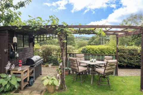 Garden with pergola, outdoor table and chairs, BBQ