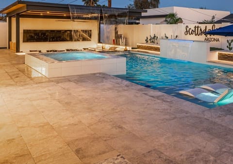 Private Double Pool Waterfall Swim Up Bar, 16 Person Hot Tub